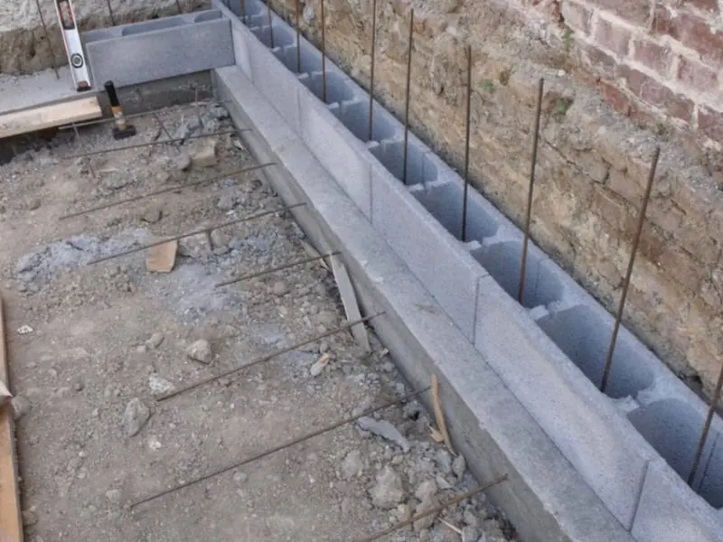 Fondation ferraillée avec blocs à bancher en attente du béton